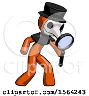 Poster, Art Print Of Orange Plague Doctor Man Inspecting With Large Magnifying Glass Right