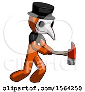 Poster, Art Print Of Orange Plague Doctor Man With Ax Hitting Striking Or Chopping