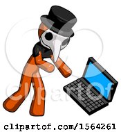 Poster, Art Print Of Orange Plague Doctor Man Throwing Laptop Computer In Frustration