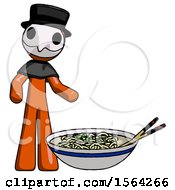 Poster, Art Print Of Orange Plague Doctor Man And Noodle Bowl Giant Soup Restaraunt Concept