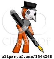 Poster, Art Print Of Orange Plague Doctor Man Drawing Or Writing With Large Calligraphy Pen