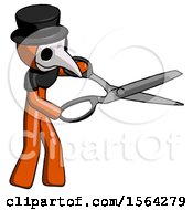 Poster, Art Print Of Orange Plague Doctor Man Holding Giant Scissors Cutting Out Something
