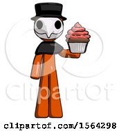 Orange Plague Doctor Man Presenting Pink Cupcake To Viewer