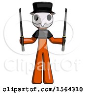 Poster, Art Print Of Orange Plague Doctor Man Posing With Two Ninja Sword Katanas Up