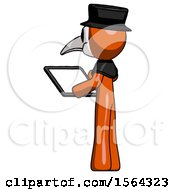 Poster, Art Print Of Orange Plague Doctor Man Looking At Tablet Device Computer With Back To Viewer