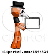Poster, Art Print Of Orange Plague Doctor Man Show Tablet Device Computer To Viewer Blank Area