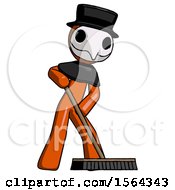 Poster, Art Print Of Orange Plague Doctor Man Cleaning Services Janitor Sweeping Floor With Push Broom