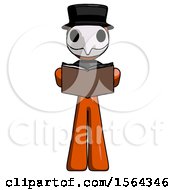 Poster, Art Print Of Orange Plague Doctor Man Reading Book While Standing Up Facing Viewer