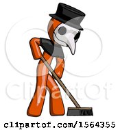 Poster, Art Print Of Orange Plague Doctor Man Cleaning Services Janitor Sweeping Side View