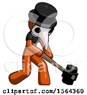 Poster, Art Print Of Orange Plague Doctor Man Hitting With Sledgehammer Or Smashing Something At Angle