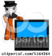 Poster, Art Print Of Orange Plague Doctor Man Beside Large Laptop Computer Leaning Against It
