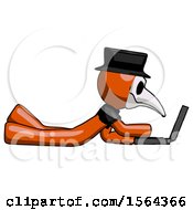 Poster, Art Print Of Orange Plague Doctor Man Using Laptop Computer While Lying On Floor Side View