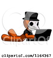 Poster, Art Print Of Orange Plague Doctor Man Using Laptop Computer While Lying On Floor Side Angled View