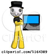 Yellow Plague Doctor Man Holding Laptop Computer Presenting Something On Screen
