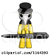 Poster, Art Print Of Yellow Plague Doctor Man Weightlifting A Giant Pen