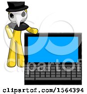 Poster, Art Print Of Yellow Plague Doctor Man Beside Large Laptop Computer Leaning Against It