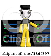 Yellow Plague Doctor Man With Server Racks In Front Of Two Networked Systems