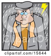 Sad Man Walking Outside In A Lightning And Rain Storm Clipart Illustration