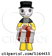 Poster, Art Print Of Yellow Plague Doctor Man Gifting Present With Large Bow Front View