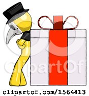 Poster, Art Print Of Yellow Plague Doctor Man Gift Concept - Leaning Against Large Present