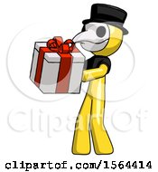 Poster, Art Print Of Yellow Plague Doctor Man Presenting A Present With Large Red Bow On It