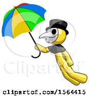 Poster, Art Print Of Yellow Plague Doctor Man Flying With Rainbow Colored Umbrella