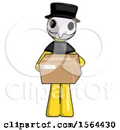 Poster, Art Print Of Yellow Plague Doctor Man Holding Box Sent Or Arriving In Mail