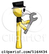 Poster, Art Print Of Yellow Plague Doctor Man Using Wrench Adjusting Something To Right