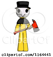 Poster, Art Print Of Yellow Plague Doctor Man Holding Red Fire Fighters Ax