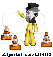 Poster, Art Print Of Yellow Plague Doctor Man Standing By Traffic Cones Waving