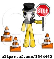 Poster, Art Print Of Yellow Plague Doctor Man Holding Stop Sign By Traffic Cones Under Construction Concept