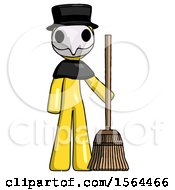 Yellow Plague Doctor Man Standing With Broom Cleaning Services