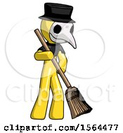 Poster, Art Print Of Yellow Plague Doctor Man Sweeping Area With Broom
