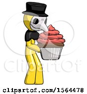 Poster, Art Print Of Yellow Plague Doctor Man Holding Large Cupcake Ready To Eat Or Serve