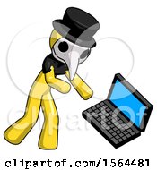 Yellow Plague Doctor Man Throwing Laptop Computer In Frustration