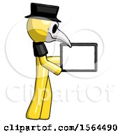 Poster, Art Print Of Yellow Plague Doctor Man Show Tablet Device Computer To Viewer Blank Area