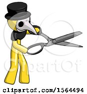 Poster, Art Print Of Yellow Plague Doctor Man Holding Giant Scissors Cutting Out Something