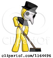 Poster, Art Print Of Yellow Plague Doctor Man Cleaning Services Janitor Sweeping Side View