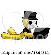 Poster, Art Print Of Yellow Plague Doctor Man Using Laptop Computer While Lying On Floor Side Angled View