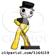 Poster, Art Print Of Yellow Plague Doctor Man Cleaning Services Janitor Sweeping Floor With Push Broom