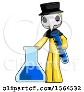 Poster, Art Print Of Yellow Plague Doctor Man Holding Test Tube Beside Beaker Or Flask