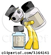 Poster, Art Print Of Yellow Plague Doctor Man Holding Large White Medicine Bottle With Bottle In Background