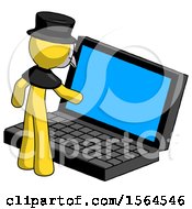 Poster, Art Print Of Yellow Plague Doctor Man Using Large Laptop Computer
