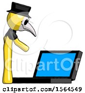 Yellow Plague Doctor Man Using Large Laptop Computer Side Orthographic View