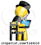 Poster, Art Print Of Yellow Plague Doctor Man Using Laptop Computer While Sitting In Chair View From Back