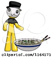 Poster, Art Print Of Yellow Plague Doctor Man And Noodle Bowl Giant Soup Restaraunt Concept