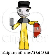 Poster, Art Print Of Yellow Plague Doctor Man Holding Large Steak With Butcher Knife