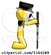Poster, Art Print Of Yellow Plague Doctor Man Kneeling With Ninja Sword Katana Showing Respect