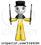 Poster, Art Print Of Yellow Plague Doctor Man Posing With Two Ninja Sword Katanas Up