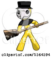 Poster, Art Print Of Yellow Plague Doctor Man Broom Fighter Defense Pose